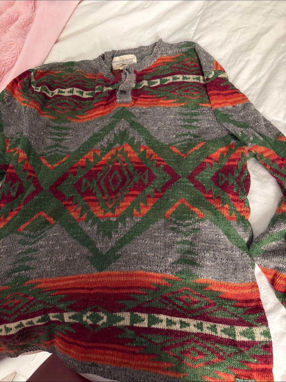 Denim & Supply Ralph Lauren Gray Knit Pullover with Green & Orange Pattern - Picture 4 of 4